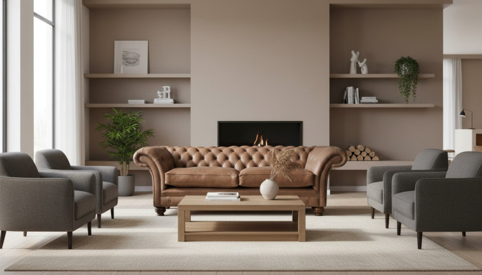 Canapé design 3 places avec revêtement en textile marron, canapés classiques Chesterfield neufs.