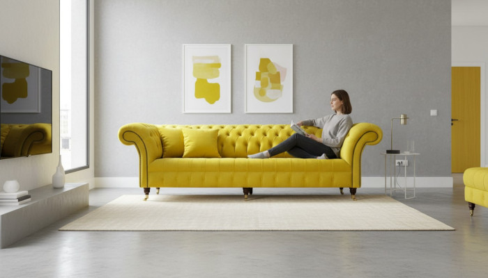 Canapé jaune 4 places Chesterfield Revêtement Siège Suite Cuir Textile Jaune