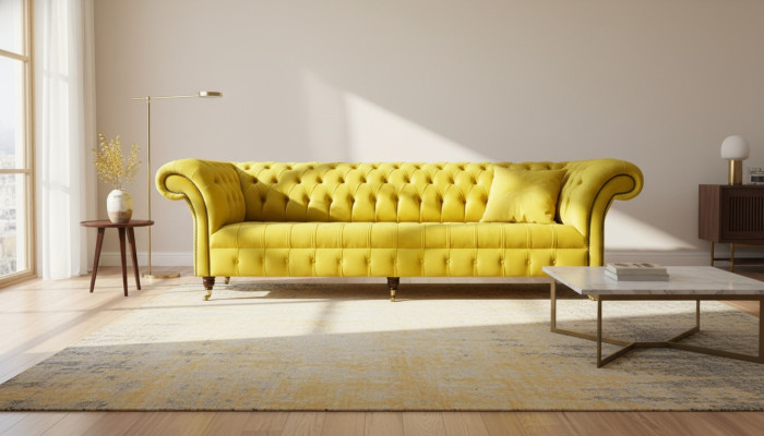 Canapé jaune 4 places Chesterfield Revêtement Siège Suite Cuir Textile Jaune