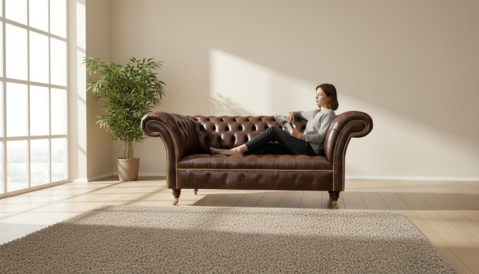 Chesterfield Canapé Designer en velours 2 places Canapé en cuir textile Marron neuf