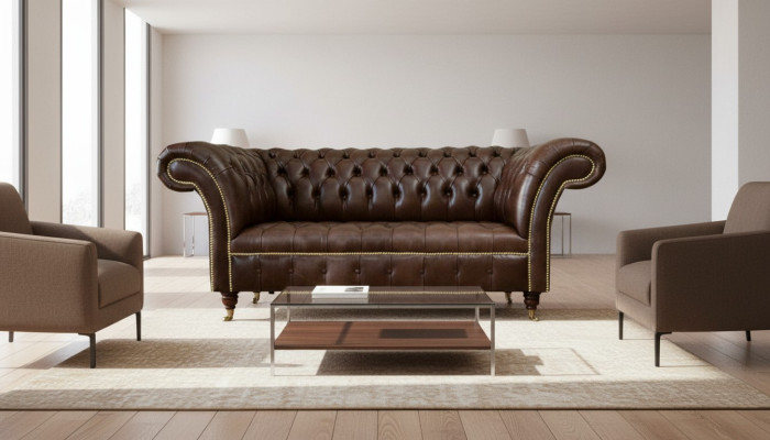 Chesterfield Canapé Designer en velours 2 places Canapé en cuir textile Marron neuf