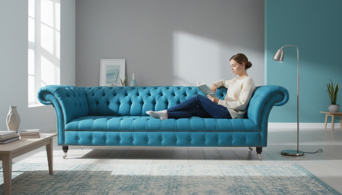 Canapé Chesterfield XXL bleu 265 cm, canapé 4 places en velours textile