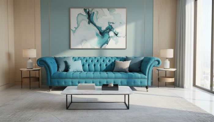 Canapé Chesterfield XXL bleu 265 cm, canapé 4 places en velours textile