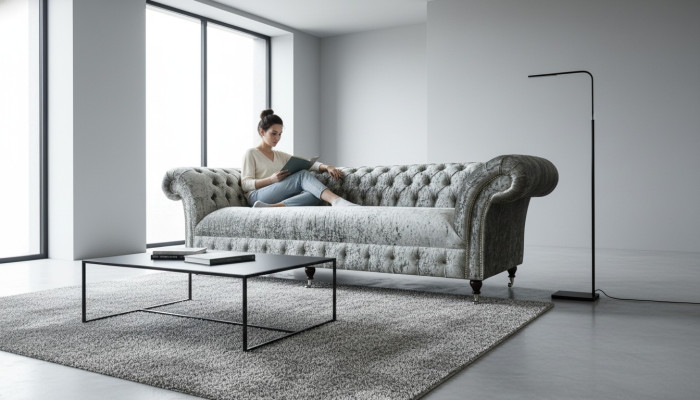 Tissu de canapé rembourré Chesterfield Canapés canapé Siège Canapé Suite Velours Argent 4 places