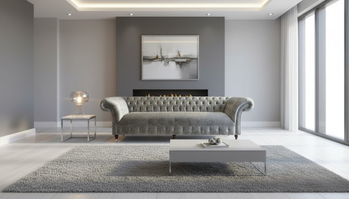 Tissu de canapé rembourré Chesterfield Canapés canapé Siège Canapé Suite Velours Argent 4 places