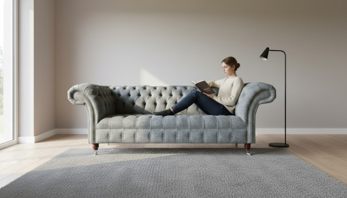 Canapé en tissu Chesterfield gris en velours pour 3 personnes