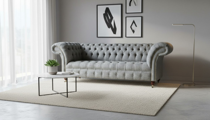 Canapé en tissu Chesterfield gris en velours pour 3 personnes