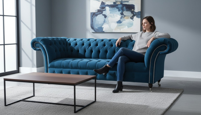 Designer Canapé Siège Rembourrage 3 Places Tissu Bleu Ensemble de Canapé Meubles Neufs de Style Turquoise