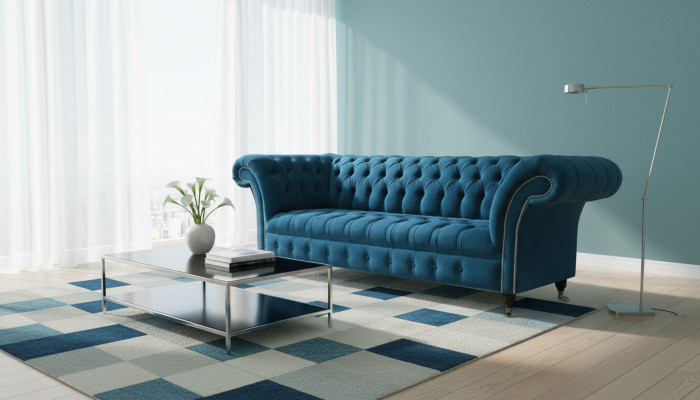 Designer Canapé Siège Rembourrage 3 Places Tissu Bleu Ensemble de Canapé Meubles Neufs de Style Turquoise