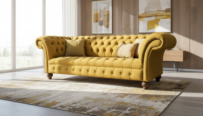 Canapé Chesterfield xxl 225cm Upholstery Sofas 3 places Cuir Tissu Neuf