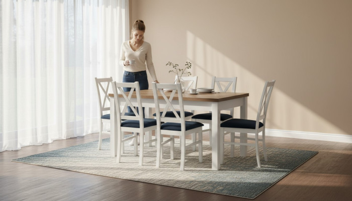 Table de salle à manger Ensemble Table 6xChaises Chaise Salle à manger Ensemble Table Bois Textile 7 pièces