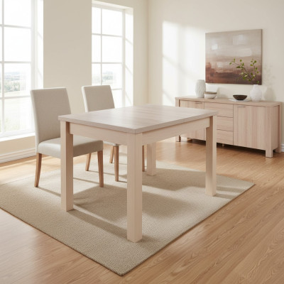 Élégante table à manger avec un dessus en bois de llan de couleur beige dans une salle à manger moderne