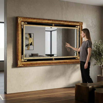 Miroir mural classique avec cadre en bois Meuble miroir 107x197 Cadre en verre doré pour mur