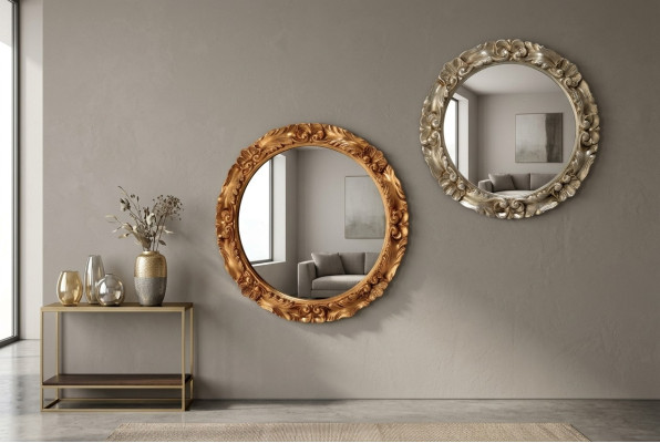 Miroir mural classique avec cadre en bois, meuble miroir rond en verre de 65 cm de diamètre au design rond.