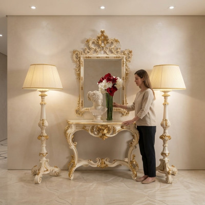 Groupe ensemble de 4 pièces style classique 2x lampe table console avec meuble miroir