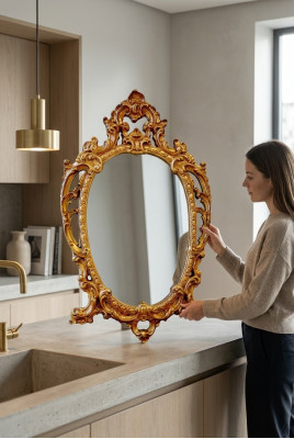 Classique r grand Miroir Miroir mural Miroir suspendu Bois Or Portemanteau 64x104cm