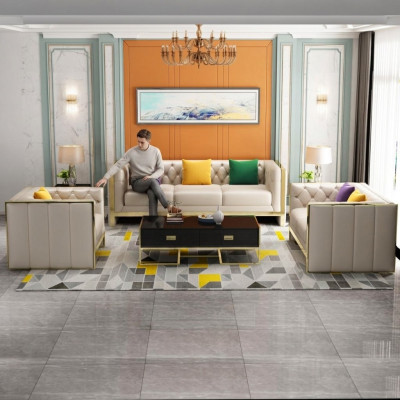 Canapé Chesterfield beige ensemble 3+2 places Canapés rembourrés en cuir Salon Suite