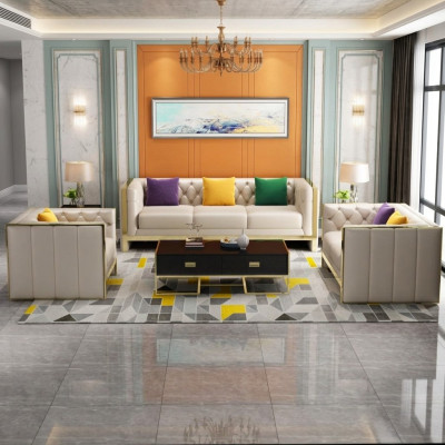 Canapé Chesterfield beige ensemble 3+2 places Canapés rembourrés en cuir Salon Suite