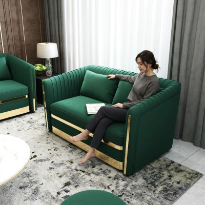 Canapé design vert à deux places, xxl, grand canapé, tissu en cuir.