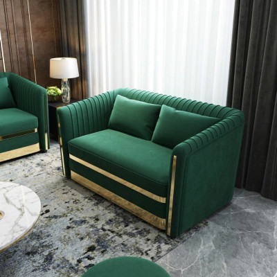 Canapé design vert à deux places, xxl, grand canapé, tissu en cuir.