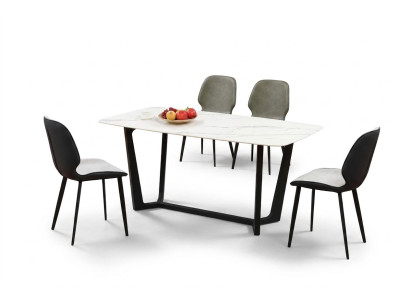 Table en acier inoxydable de luxe avec un aspect marbré en imitation de pierre, table de salle à manger décorative.