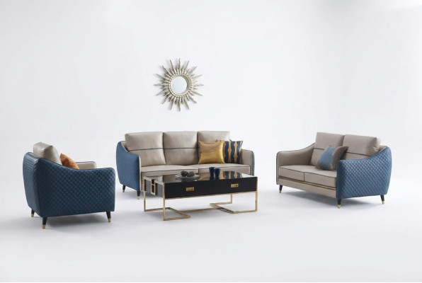 Set de canapé bleu-beige 3+2 en cuir Modèle de canapé décoratif rembourré