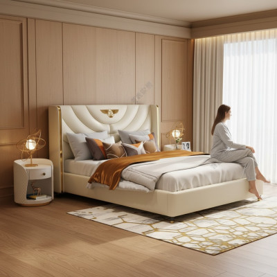 Chambre Lit Tables de chevet 3 pièces. Ensemble Design Lits de luxe Bois Lit double neuve