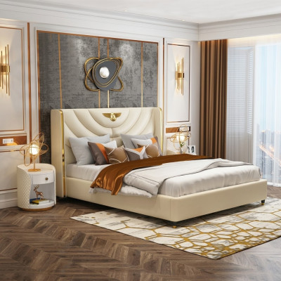 Chambre Lit Tables de chevet 3 pièces. Ensemble Design Lits de luxe Bois Lit double neuve