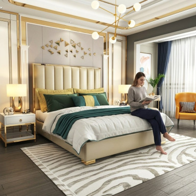 Meubles de chambre à coucher de luxe Lit 2x Ensemble de tables de chevet Lits Mobilier hôtelier 3 pièces.