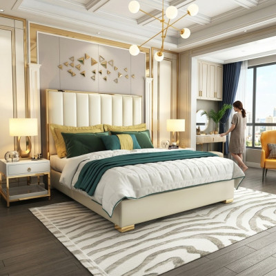 Chambre classique Lit blanc Lits Textile Rembourrage en cuir Double