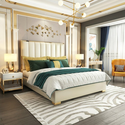Chambre classique Lit blanc Lits Textile Rembourrage en cuir Double
