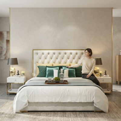Lit double Chambre Hôtel de luxe Lit de mariage 2x Table de chevet 3pcs. Ensemble de lits