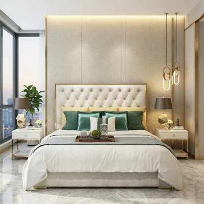 Lit double Chambre Hôtel de luxe Lit de mariage 2x Table de chevet 3pcs. Ensemble de lits