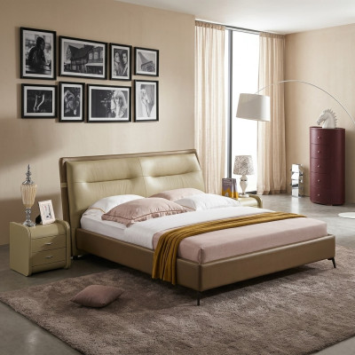 Lit en cuir Lit double Chambre à coucher Lits en velours Cadre de lit Table de chevet Ensemble de 3 pièces