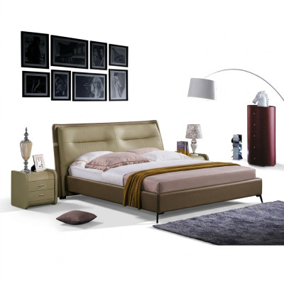 Lit en cuir Lit double Chambre à coucher Lits en velours Cadre de lit Table de chevet Ensemble de 3 pièces