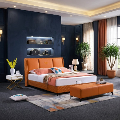 Matelassage de lit Orange Luxe Lits Doubles en cuir pour hôtel Chambre à coucher 180x200