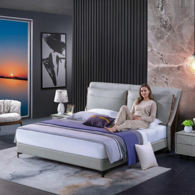Lit en bois, lit double, lit de luxe, meubles de chambre, hôtel, 180x200cm, lits en cuir