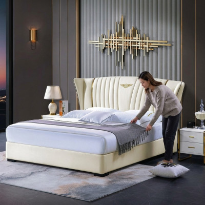 Lit en bois Lit Lit double Bois massif Chambre Hôtel Lits 180x200cm Lit en cuir