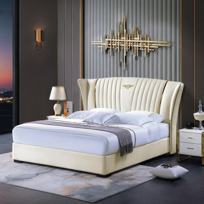 Lit en bois Lit Lit double Bois massif Chambre Hôtel Lits 180x200cm Lit en cuir