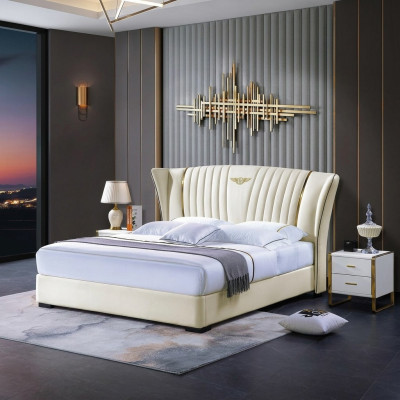 Lit Chambre Table de chevet Ensemble complet Suite de 3 pièces Lit en bois en cuir