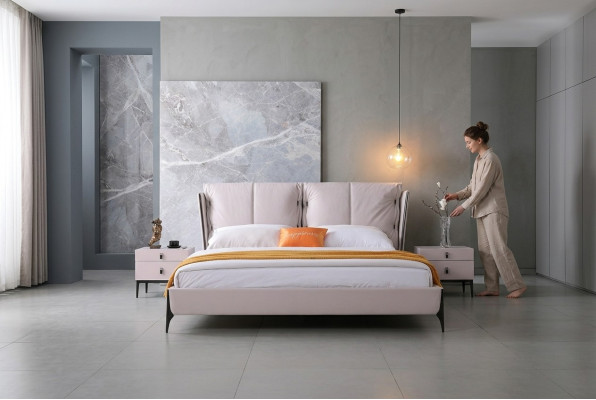 Lit en cuir 2x Table de chevet 3 pièces Ensemble de chambre à coucher Mobilier Lits modernes de luxe