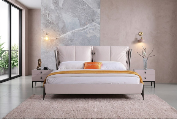 Lit en cuir 2x Table de chevet 3 pièces Ensemble de chambre à coucher Mobilier Lits modernes de luxe