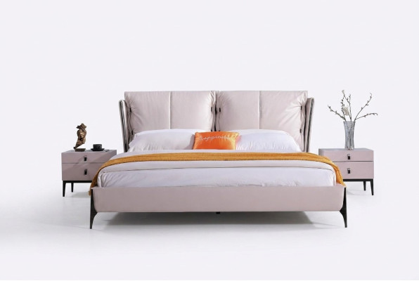 Lit en cuir 2x Table de chevet 3 pièces Ensemble de chambre à coucher Mobilier Lits modernes de luxe