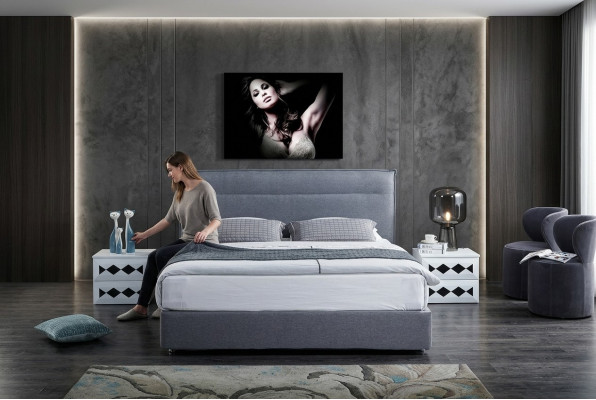 Lit sommier tapissier de luxe en tissu bleu pour hôtel, lits chambre à coucher design double.
