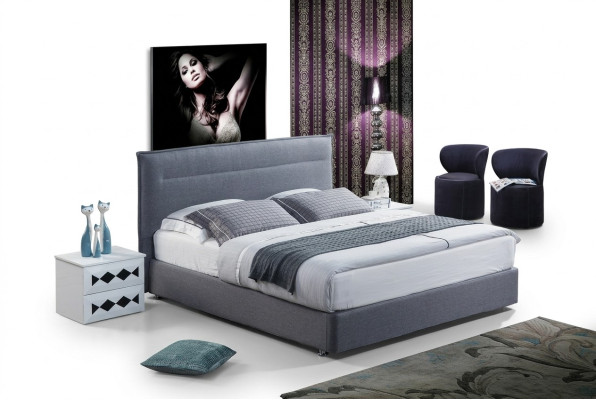 Lit sommier tapissier de luxe en tissu bleu pour hôtel, lits chambre à coucher design double.