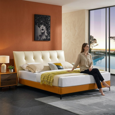 Designer Bed Orange Leather Hotel Imitation leather Beds Double Sleep Room Lit de designer en cuir orange Chambre d'hôtel en cuir synthétique Lits doubles Salle de repos