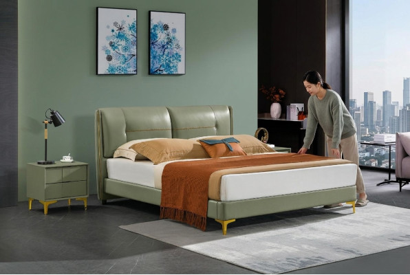 Chambre à coucher Ensemble Lit Table de chevet Design Moderne Lits de luxe en cuir 3 pièces.