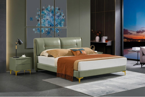 Chambre à coucher Ensemble Lit Table de chevet Design Moderne Lits de luxe en cuir 3 pièces.