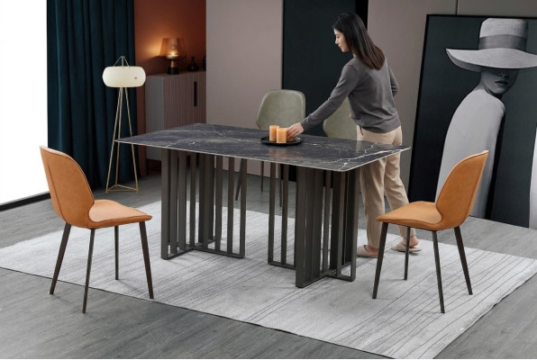 Table de salle à manger de luxe en acier inoxydable Imitation marbre Pierre Table Salle à manger 180x90cm