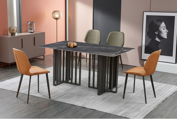 Table de salle à manger de luxe en acier inoxydable Imitation marbre Pierre Table Salle à manger 180x90cm